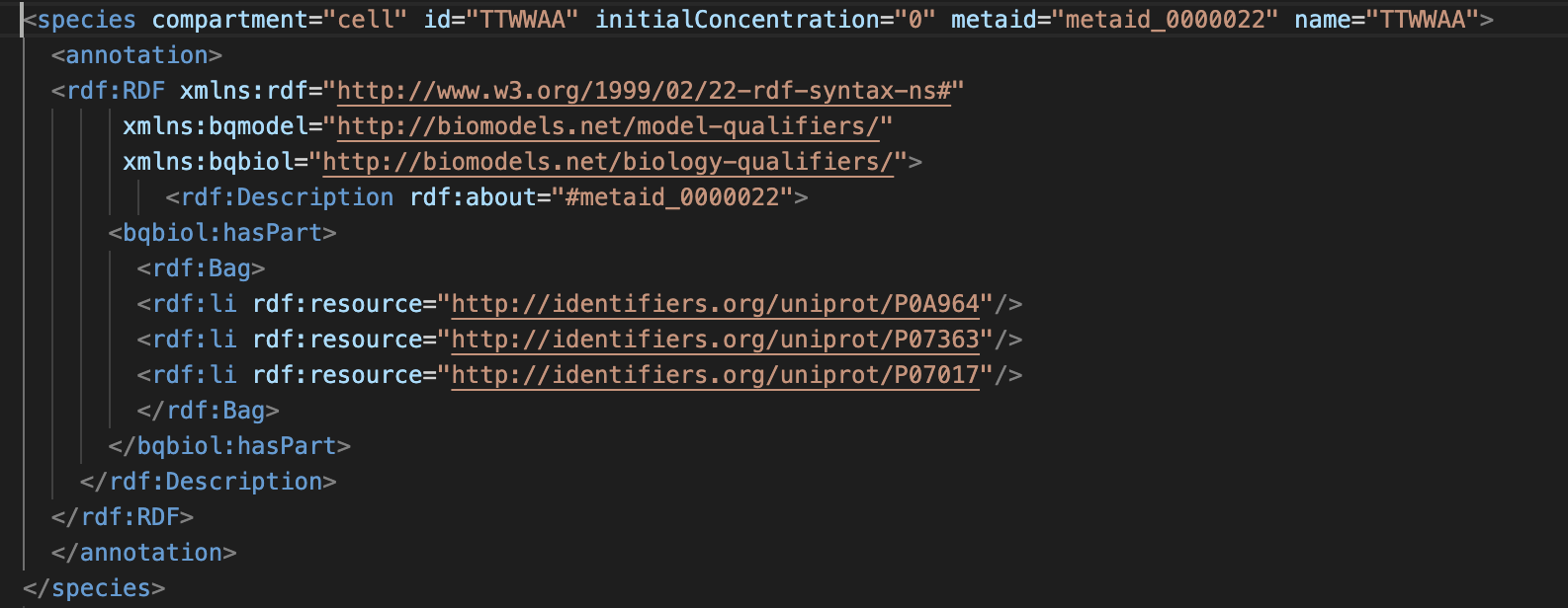 Piece of SBML showing some annotations